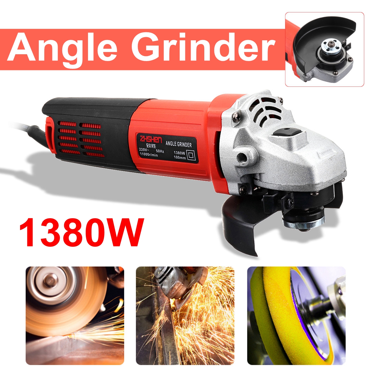 220V/50Hz 1380W 11000r/min Angle Grinder Electric Angle Grinding Cutter Cut Off Power Tool