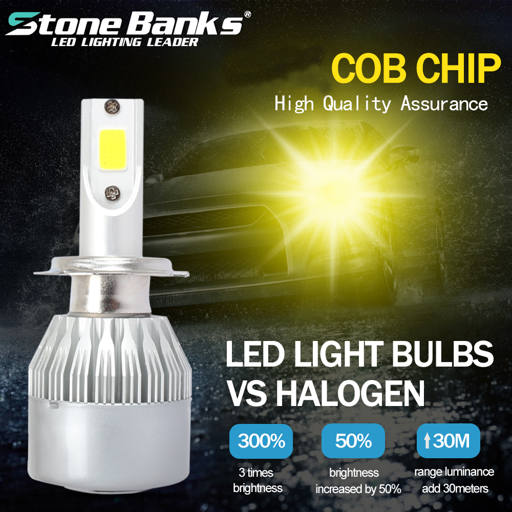 C6 COB LED H4 H7 Car Headlights 3000K Golden Yellow Bulbs H1 9005 9006 Fog Lamps 72W 7600LM 