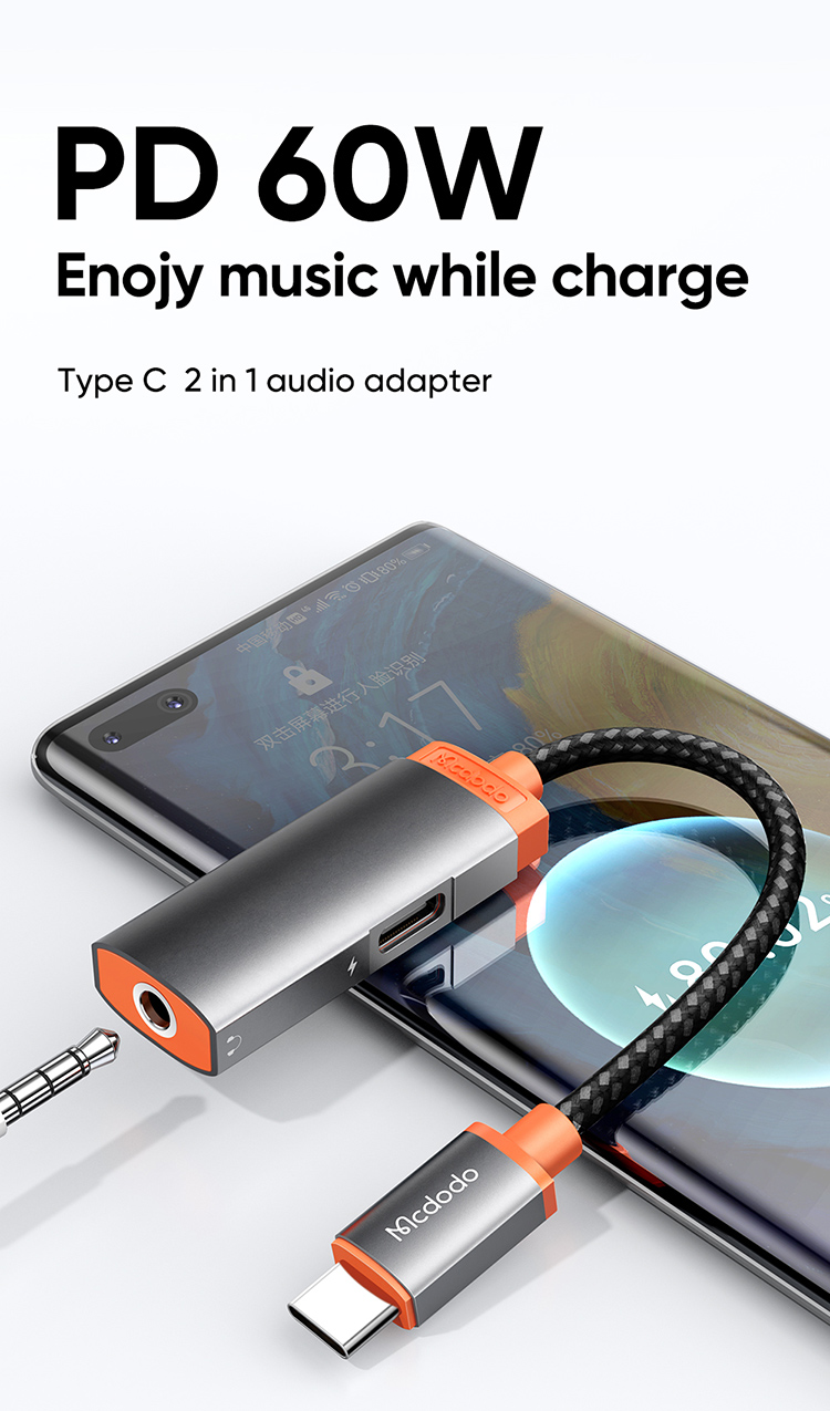 Mcdodo Aluminum Alloy 2 in 1 USB-C to USB-C+DC3.5mm Headphone AUX Audio Charging Connector Adapter for Samsung Huawei Xiaomi