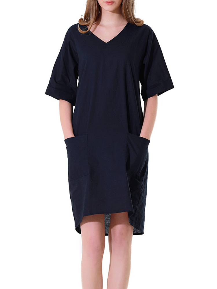 Women Casual V-neck Pocket Short Sleeve Dress