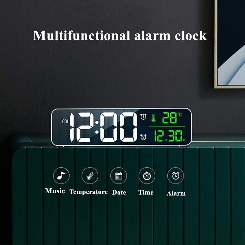 Music LED Digital Alarm Clock Temperature Date Display Desktop Mirror Clocks Home Table Decoration Voice Control 2400mAh Battery