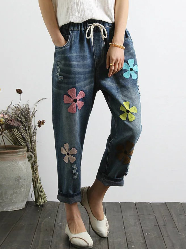Women Casual Drawstring Waist Denim Jeans with Pockets