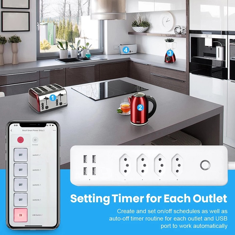 RSH Tuya Brazil WiFi Smart Power Strip with 4 Outlets 4USB Ports 1.4m Extension Cord Voice works with Alexa Google Home