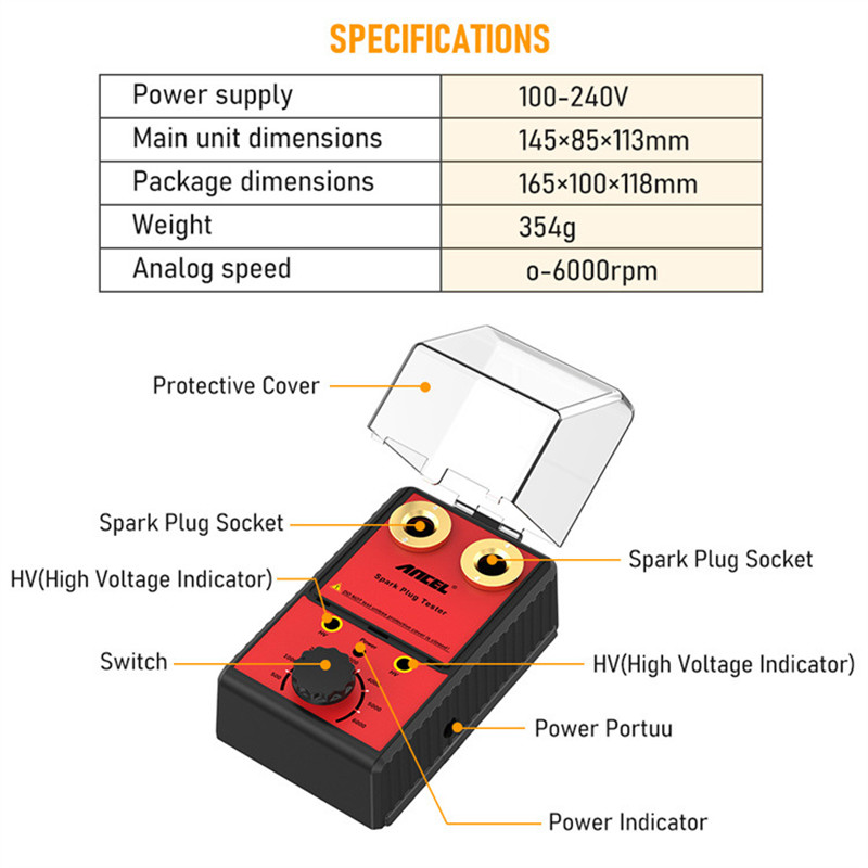 ANCEL EU/US Plug 100- 240V 6000rpm Car Spark Plug Tester Ignition System Auto Diagnostic Tool Double Hole Analyzer