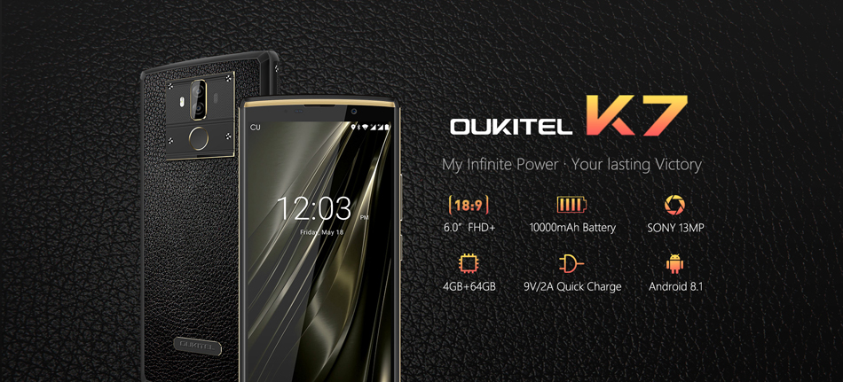 Oukitel K7 6.0 Inch FHD+ True 10000mAh 9V/2A Android 8.1 4GB RAM 64GB ROM MTK6750T 4G Smartphone