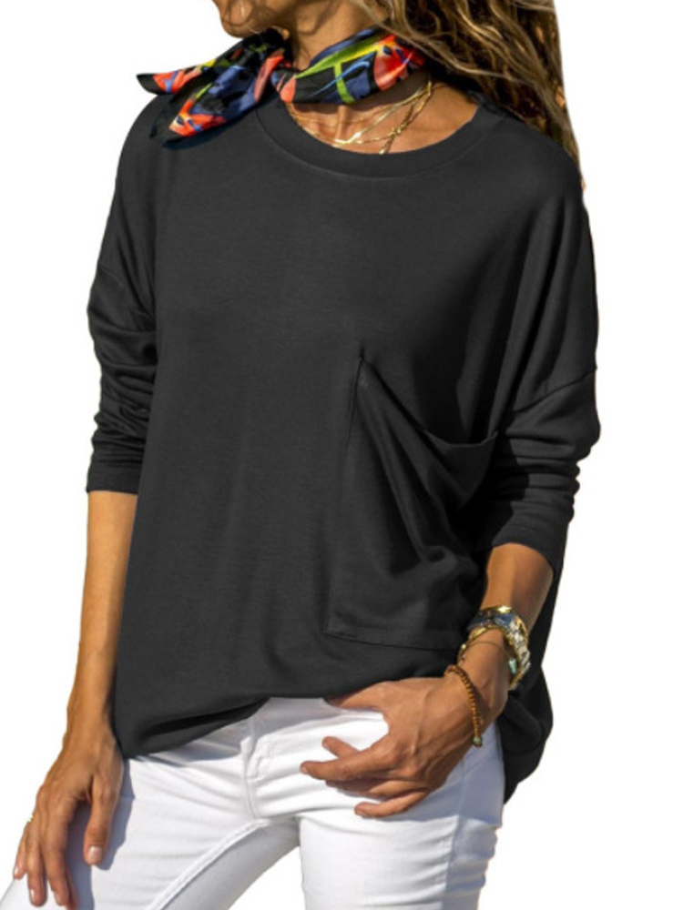 Pure Color Round Neck Long Sleeve Casual T-shirts with Pocket