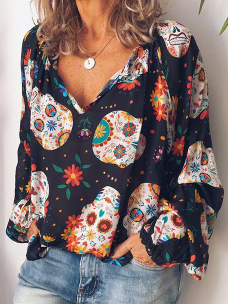 Casual Women Long Sleeve V-neck Floral Print Chiffon Blouse