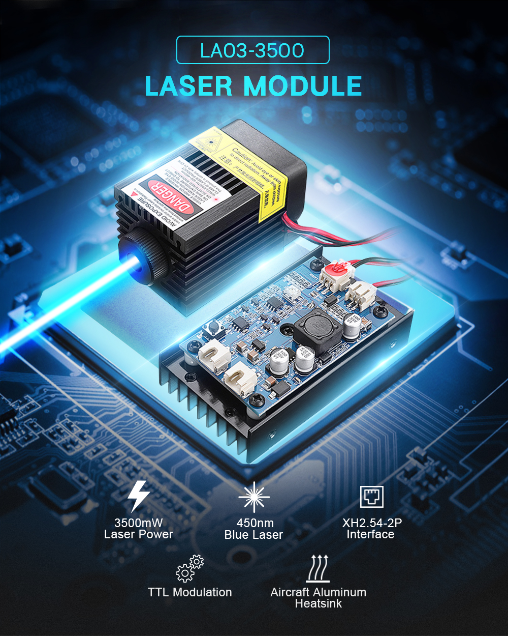 LA03-3500 450nm 3.5W Blue Laser Module TTL Modulation Fan Heat Sink for EleksMaker DIY Engraver 35