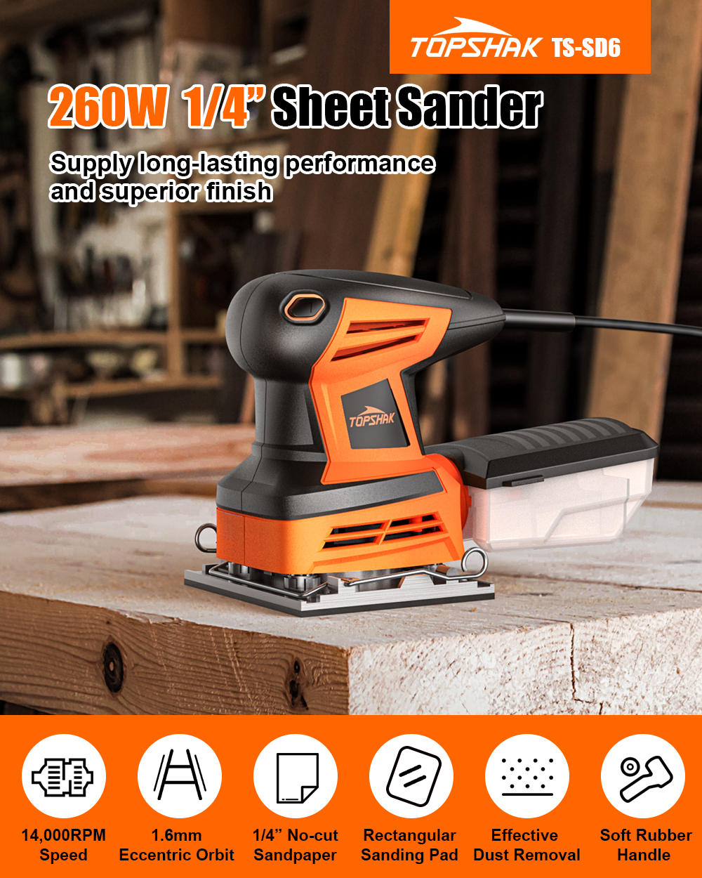 TOPSHAK TS-SD6 260W Electric Palm Sander Hand Sander with 20Pcs Sandpapers Hand Held Sander Dust Collection Box EU/US Plug