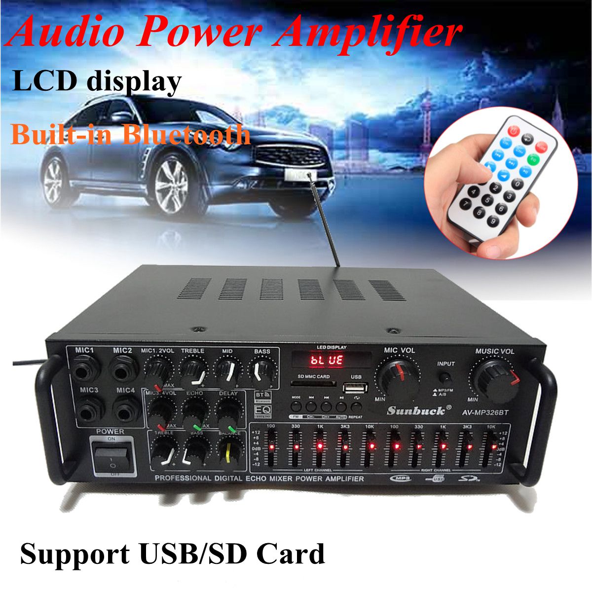 Sunbuck bluetooth Stereo Amplifier 2 Channel HiFi Audio Power Amplifier Remote Control USB SD FM 220V EU Plug