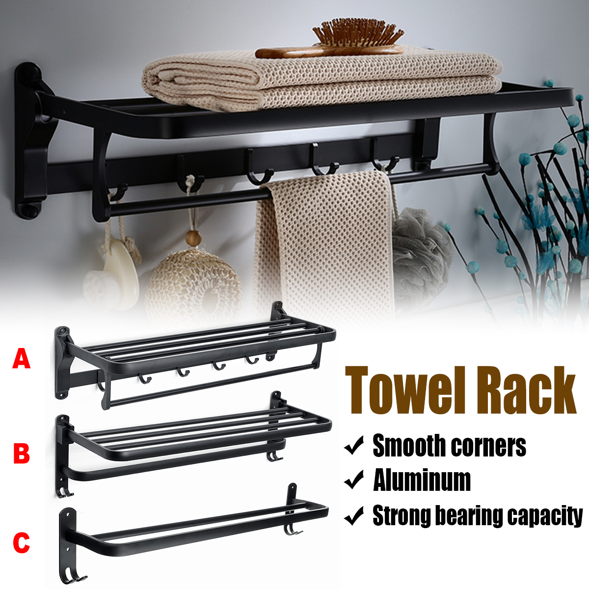 1 PCS Black towel rack space aluminum rack folding bathroom towel Shelf rack hotel hardware bathroom  50 / 60cm For Bathroom