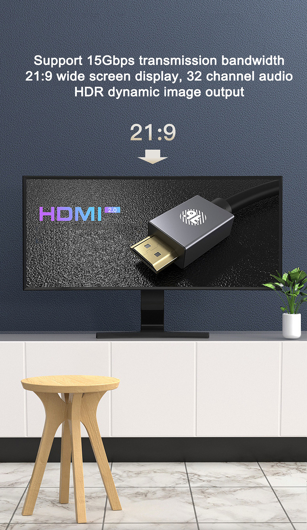 BAYNAST HDMI2.0 Cable HDMI to HDMI HD Connectors 4K 3D Visual Effect 18Gbps Display Video Cable JQB-418