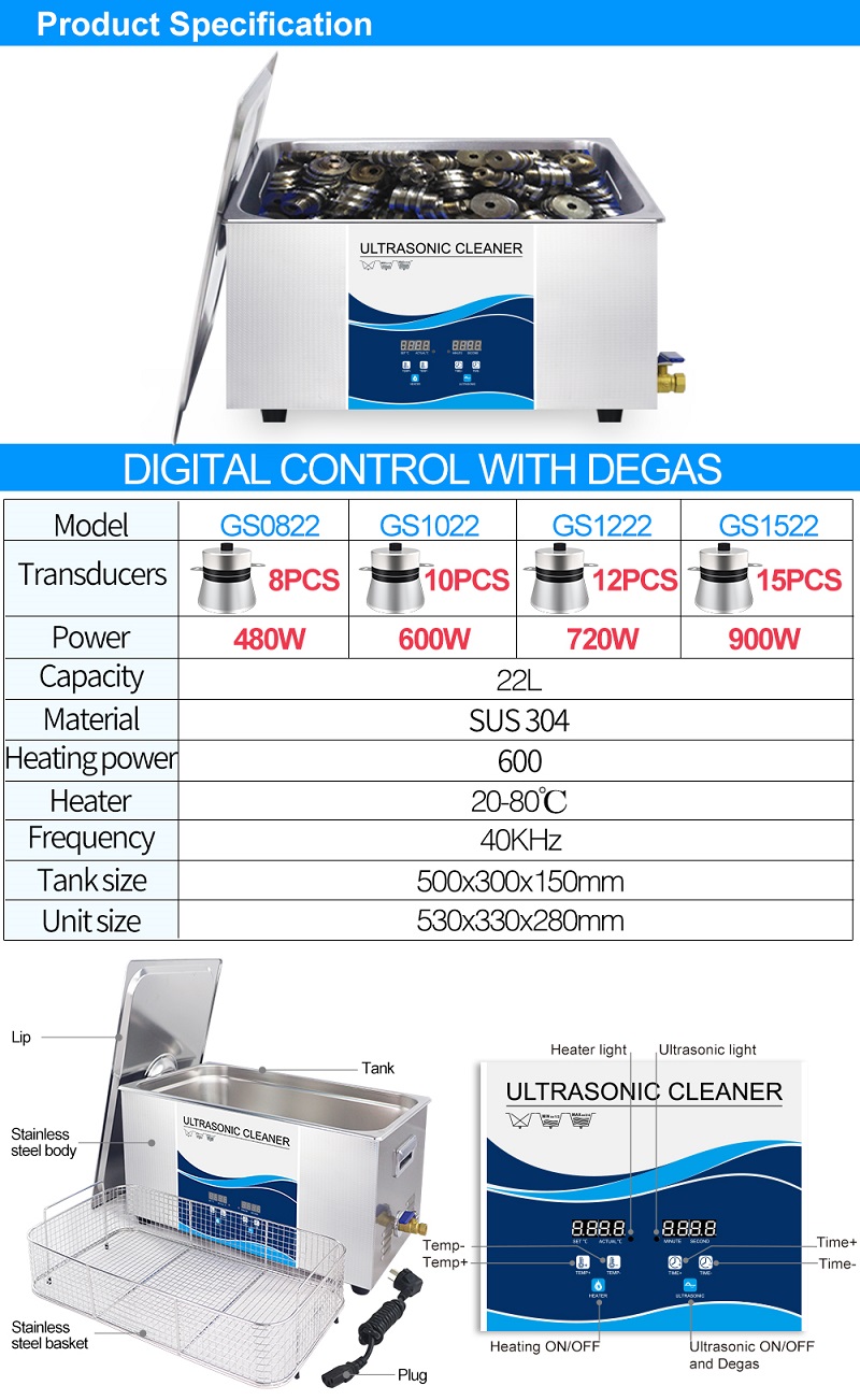 GRANBO GS0822 22L 480W 110V / 220V Limpeza ultrassônica de joias para banho Dental Máquina de lavar ultrassônica Wavee