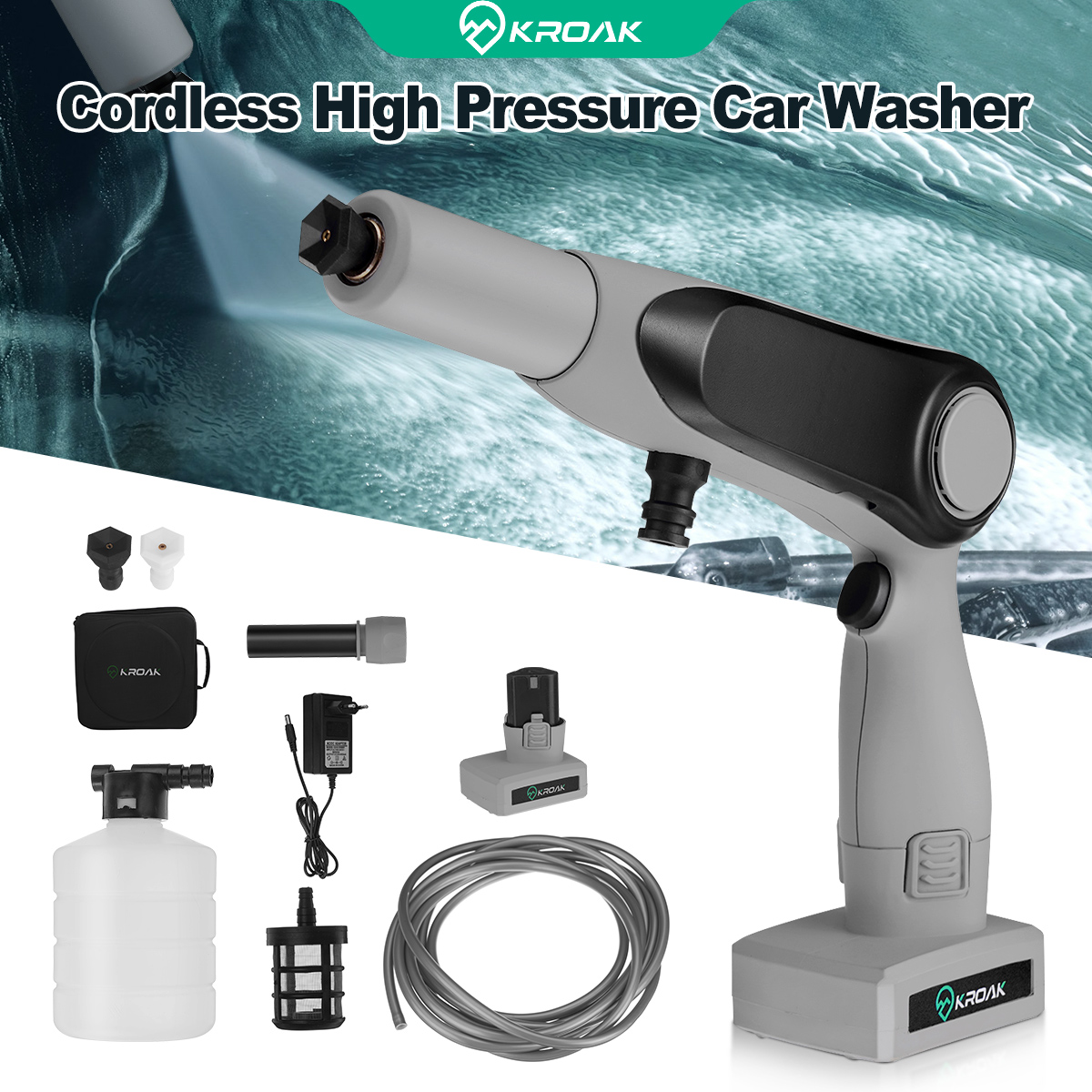 KROAK 500W 50Bar 12000mAh Cordless High Pressure Spray Water Pump Cleaning Portable Car Washer