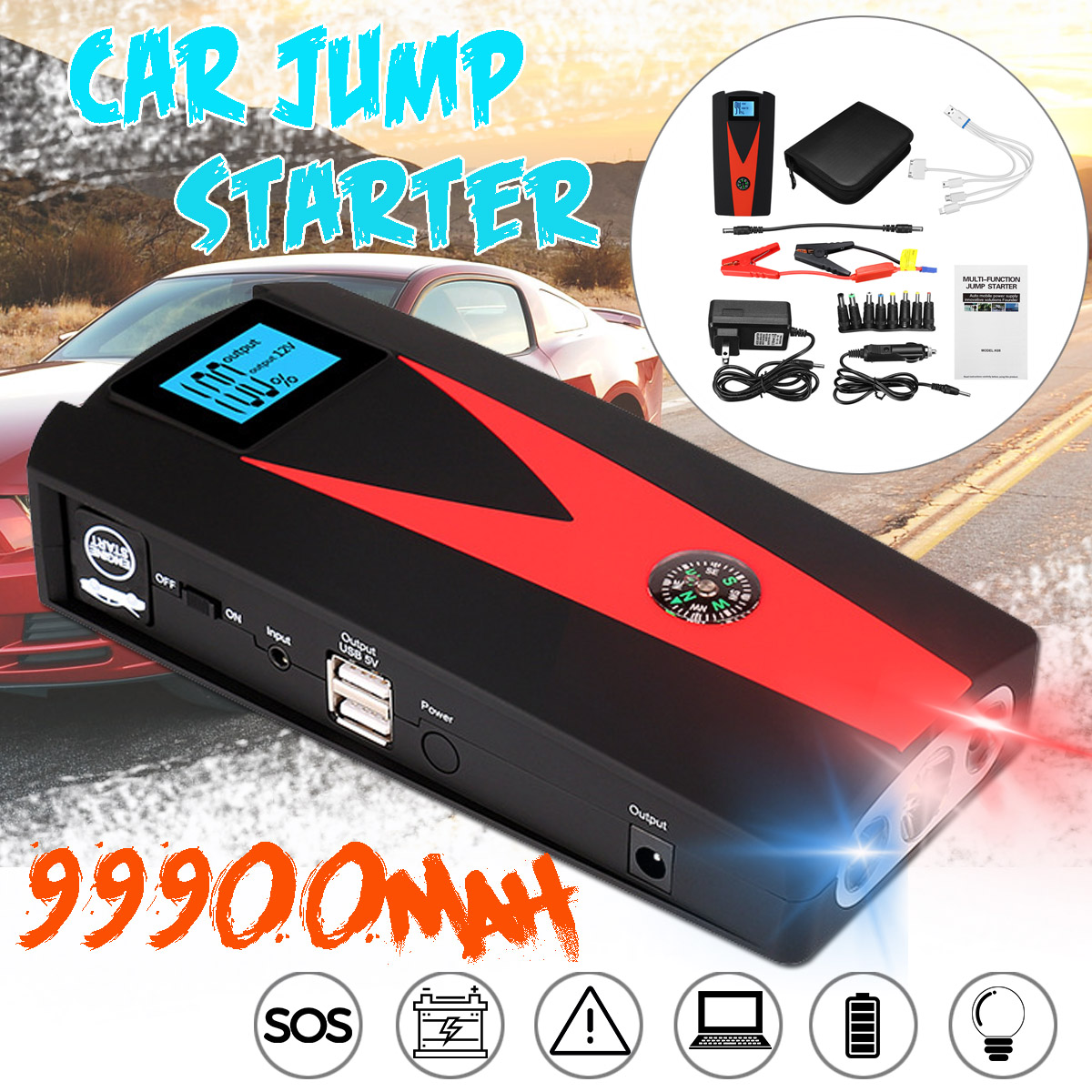 99900 mAh Dual USB Car Jump Starter LCD Auto Battery Booster Portable Power Pack with Jumper Cables