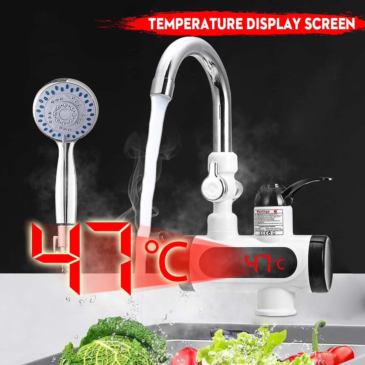 3000W Temperature Display Instant Hot Water Tap Tankless Electric Faucet Kitchen
