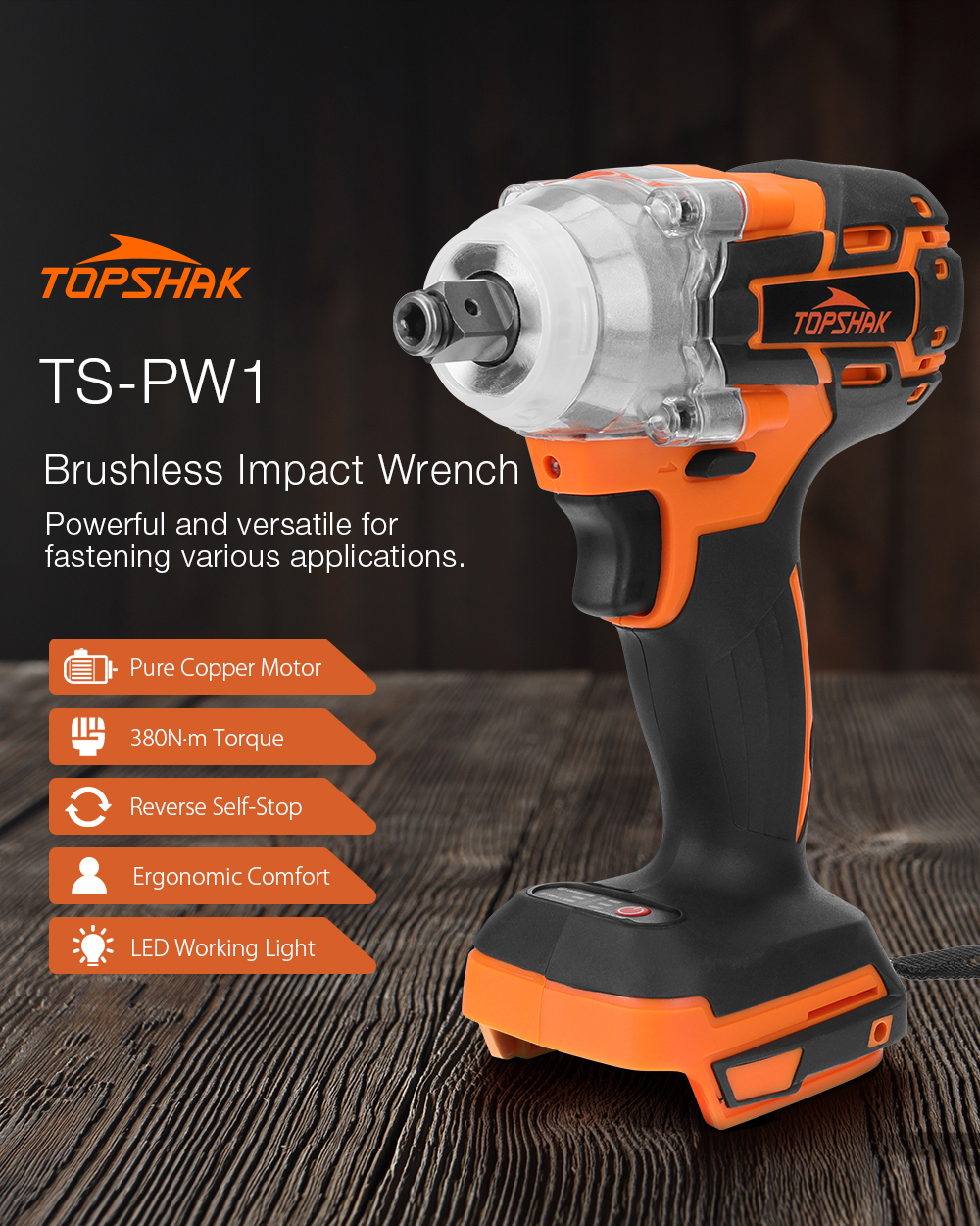 Topshak TS-PW1 Cordless Brushless Impact Wrench Screwdriver Stepless Speed Change Switch For 18V Makita Battery