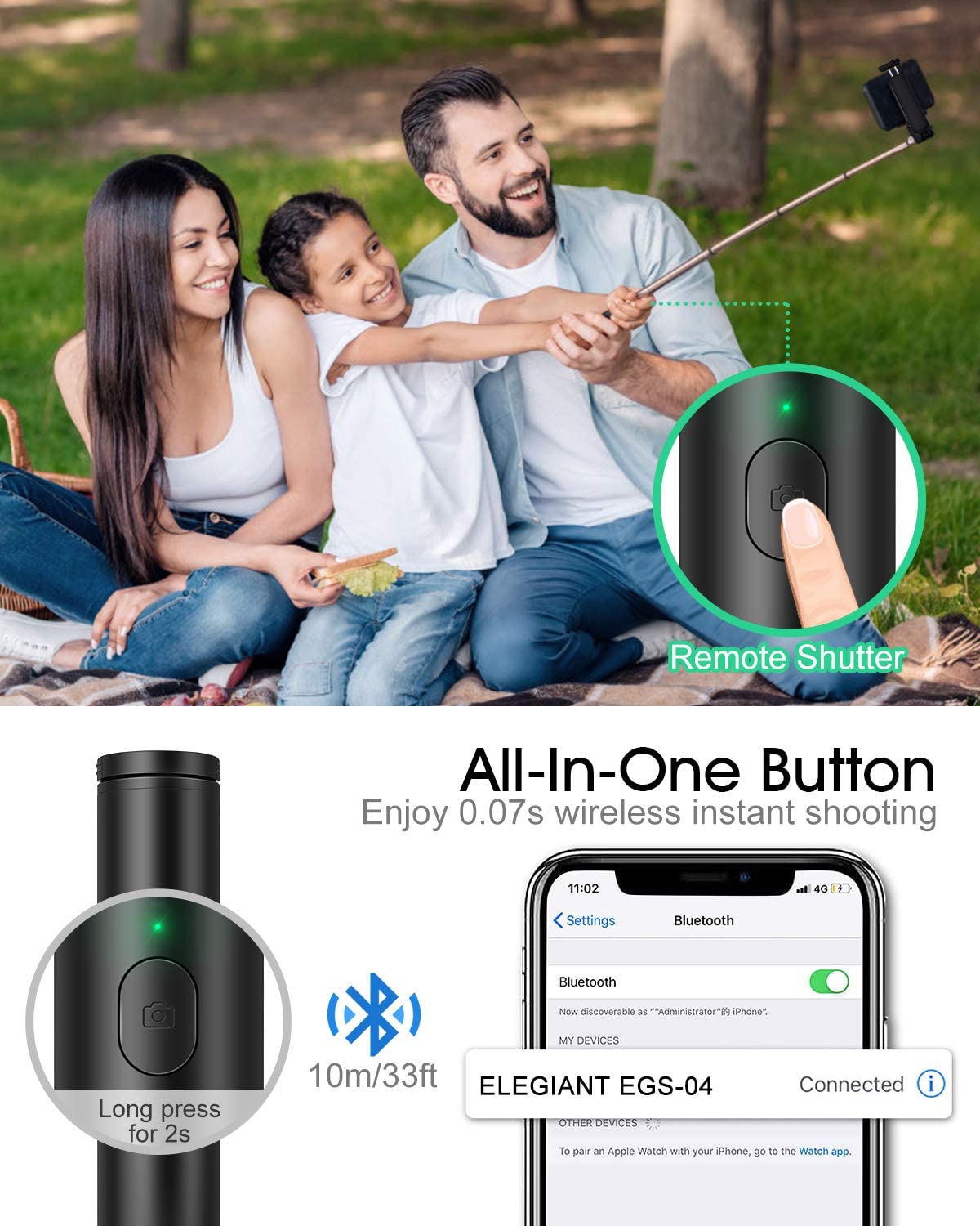 ELEGIANT EGS-04 Selfie Stick Bluetooth Mini Tripod Monopod Integrated Design Lightweight Wireless with Remote Control for Gopro DSLR Camera Mobile Phone