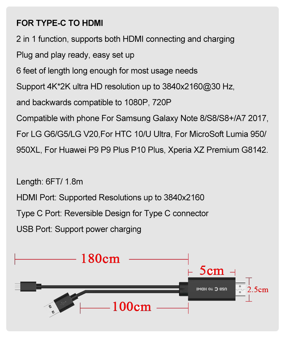 Bakeey USB 2.0 Type C to HDMI With Charging Function Cable Ultra HD 1080P 4K Adapter Line For Tablet/Switch/ Monitor/Phones