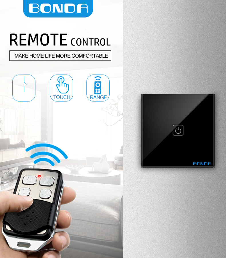 BONDA Smart Switch Type 86 1/2/3 Way RF433 Wireless Remote Control Switch Touch Screen With Auxiliary Switch