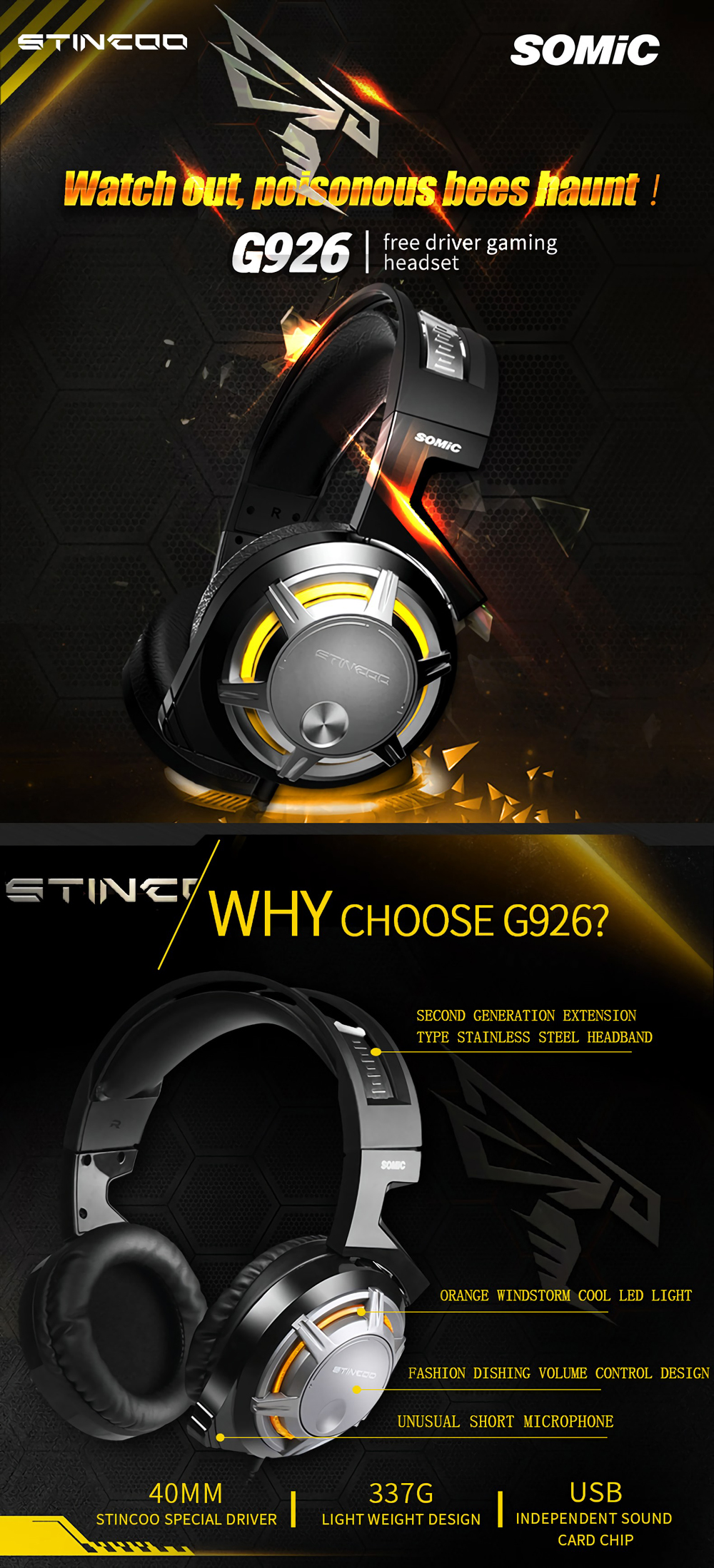 SOMiC G926 USB Wired LED Light Gaming Headphone HiFi Headset with Microphone 5