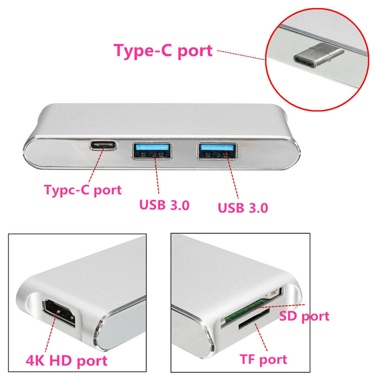 6 in 1 USB-C HUB with Type-C Power Delivery 4K Video HD Output Converter Alloy Card Reader