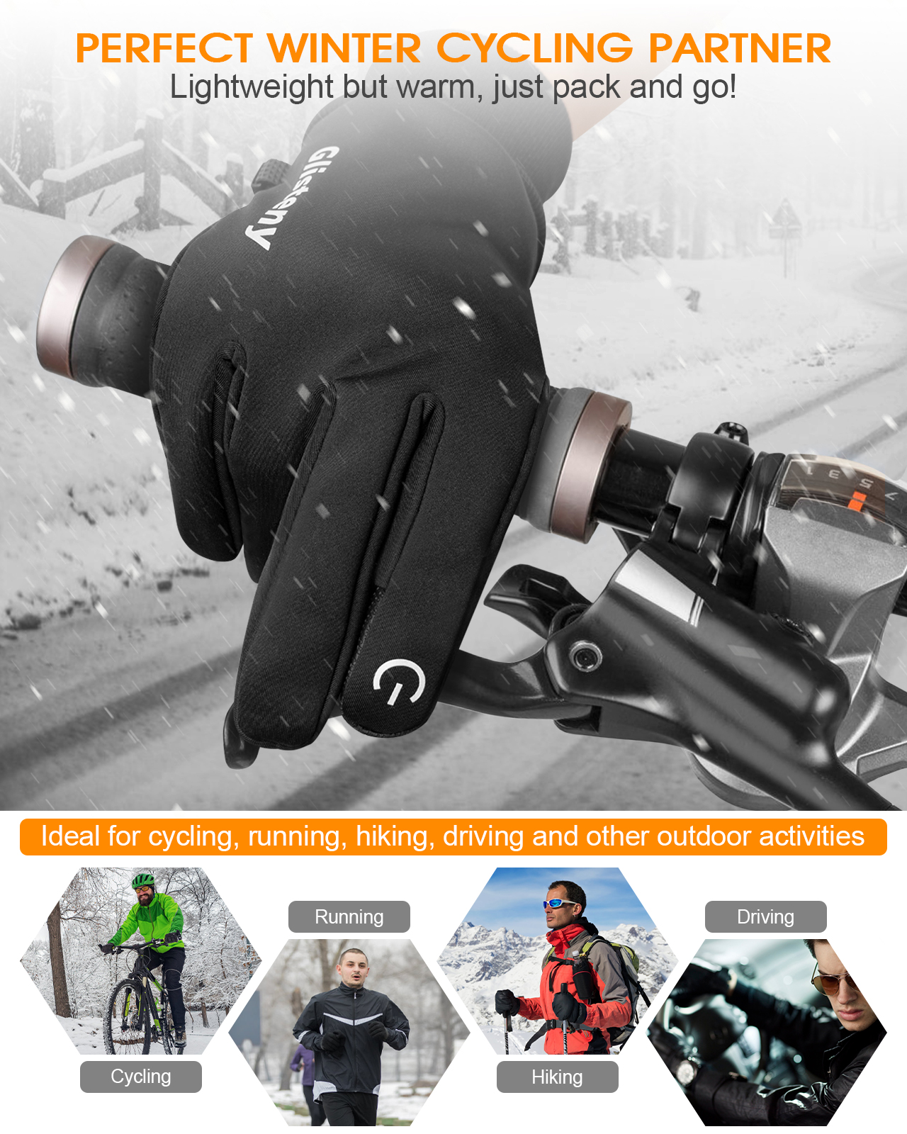 GLISTENY Winter Warm Waterproof Windproof Non-Slip Touch Screen Outdoors Motorcycle Riding Gloves