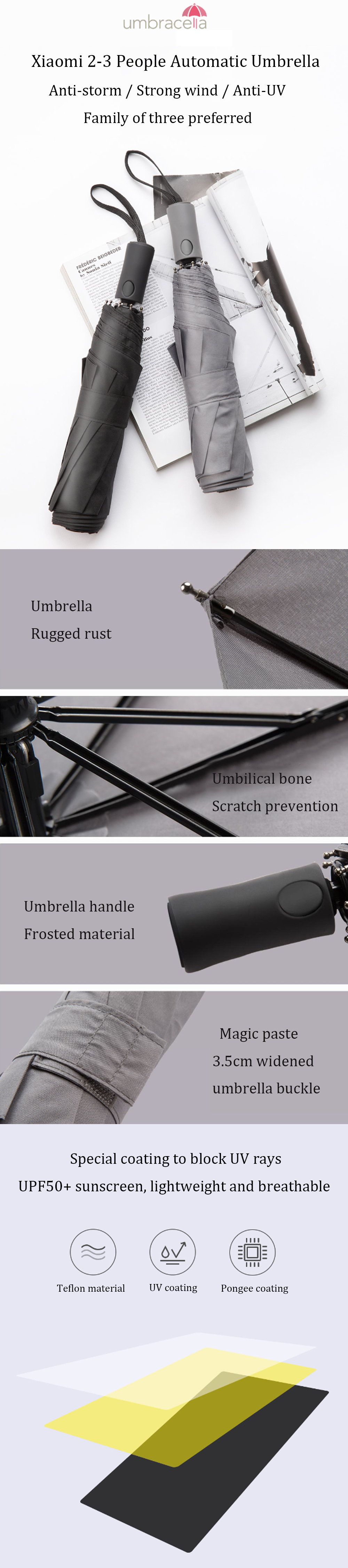 Xiaomi 2-3 People 124cm UPF50+ Automatic Umbrella Portable Ultra Large UV Windproof Folding Sunshade 15