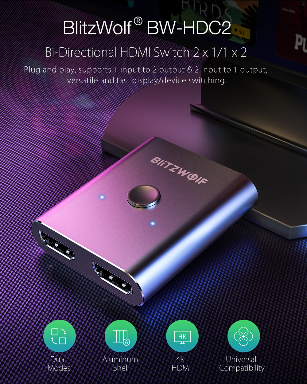 BlitzWolf® BW-HDC2 Bi-Directional HDMI Switch 1 Input 2 Output / 2 Input 1 Output HDMI Splitter 1080P Video Display Dongle