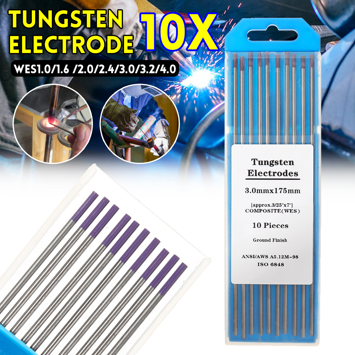 10Pcs 1.0-4.0mm TIG Tungsten Lanthanated Welding Electrode Purple WES Tip Rod