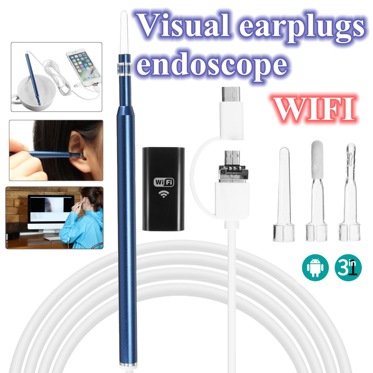 3 in 1 WIFI HD Visual Endoscope Earplugs Camera