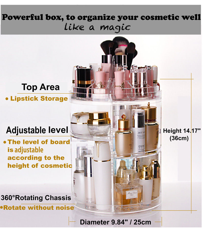 3 Tier Acrylic Cosmetic Makeup Jewelry 360� Rotating Storage Organizer Case