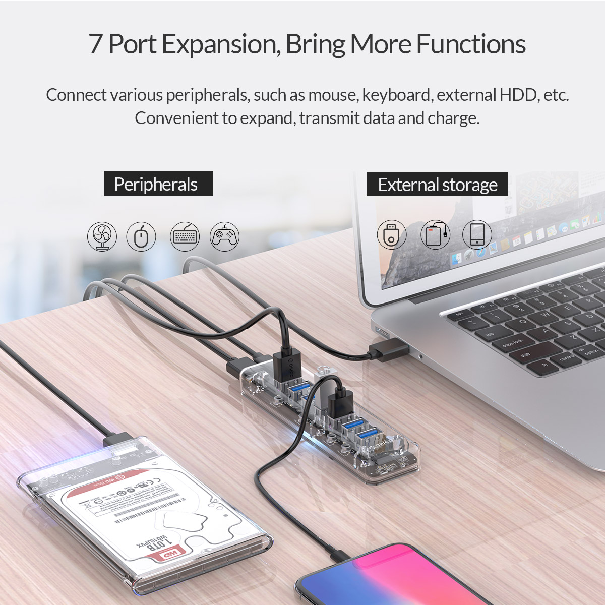 Orico F7U Transparent 7-Port USB 3.0 Hub with Dual-port Power Supply 46