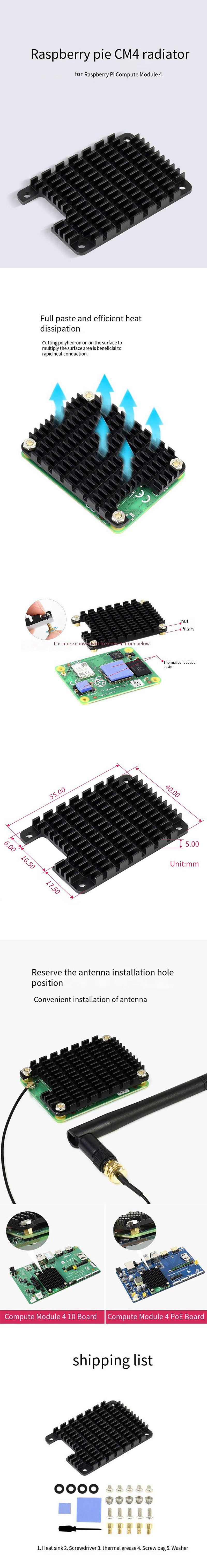 Raspberry Pi CM4 Special Radiator Aluminum Alloy Heatink with Silicone Heat Dissipation Pad Antenna Hole for Raspberry Pi Compute Module 4