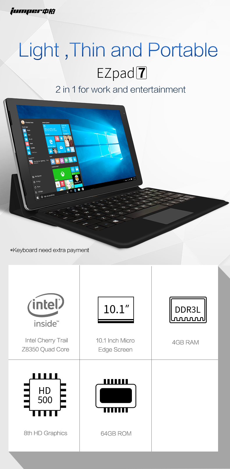 Jumper Ezpad 7 Intel Atom X5 Z8350 Quad Core 4G RAM 64G 10.1 Inch Win10 Tablet PC 16