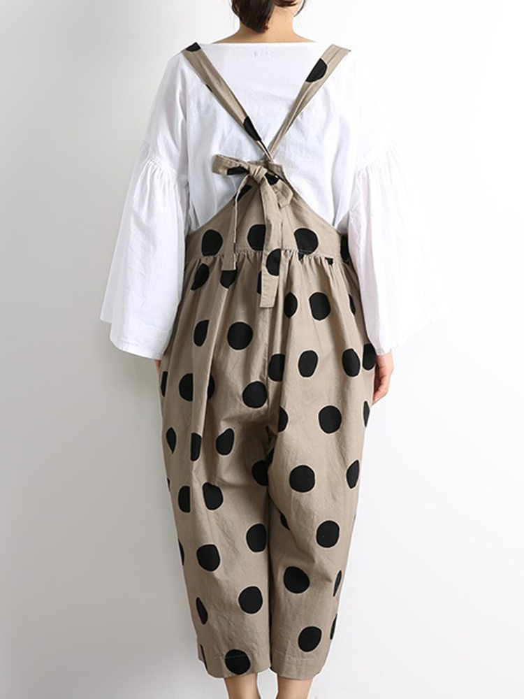 Japanese Women Cotton Polka Dot Print Loose Baggy Overalls Jumpsuit