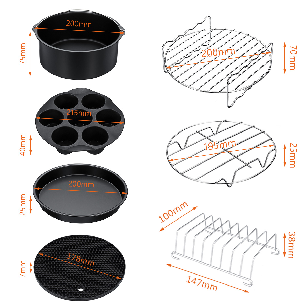 7PCS Air Fryer Accessories Set Chips Baking Basket Pizza Pan Home Kitchen Tool 18
