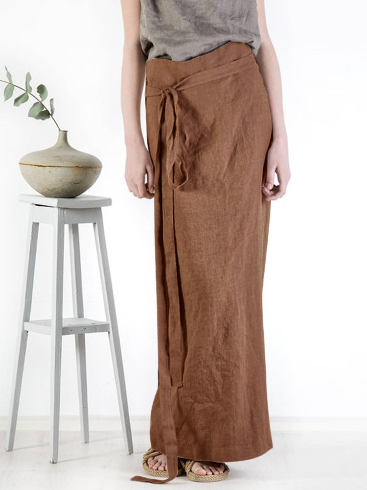 M-5XL Women Vintage Bandage Solid Color Cotton Skirts