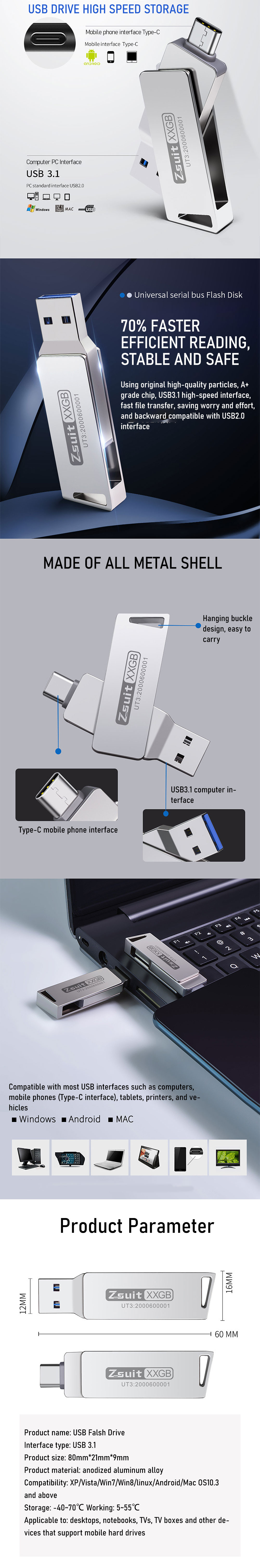 Zsuit Type-C&USB3.1 Flash Drive Dual Metal Interface 32G/64G/128G High Speed Data Transmission Portable Memory U Disk OTG Extended USB Drive