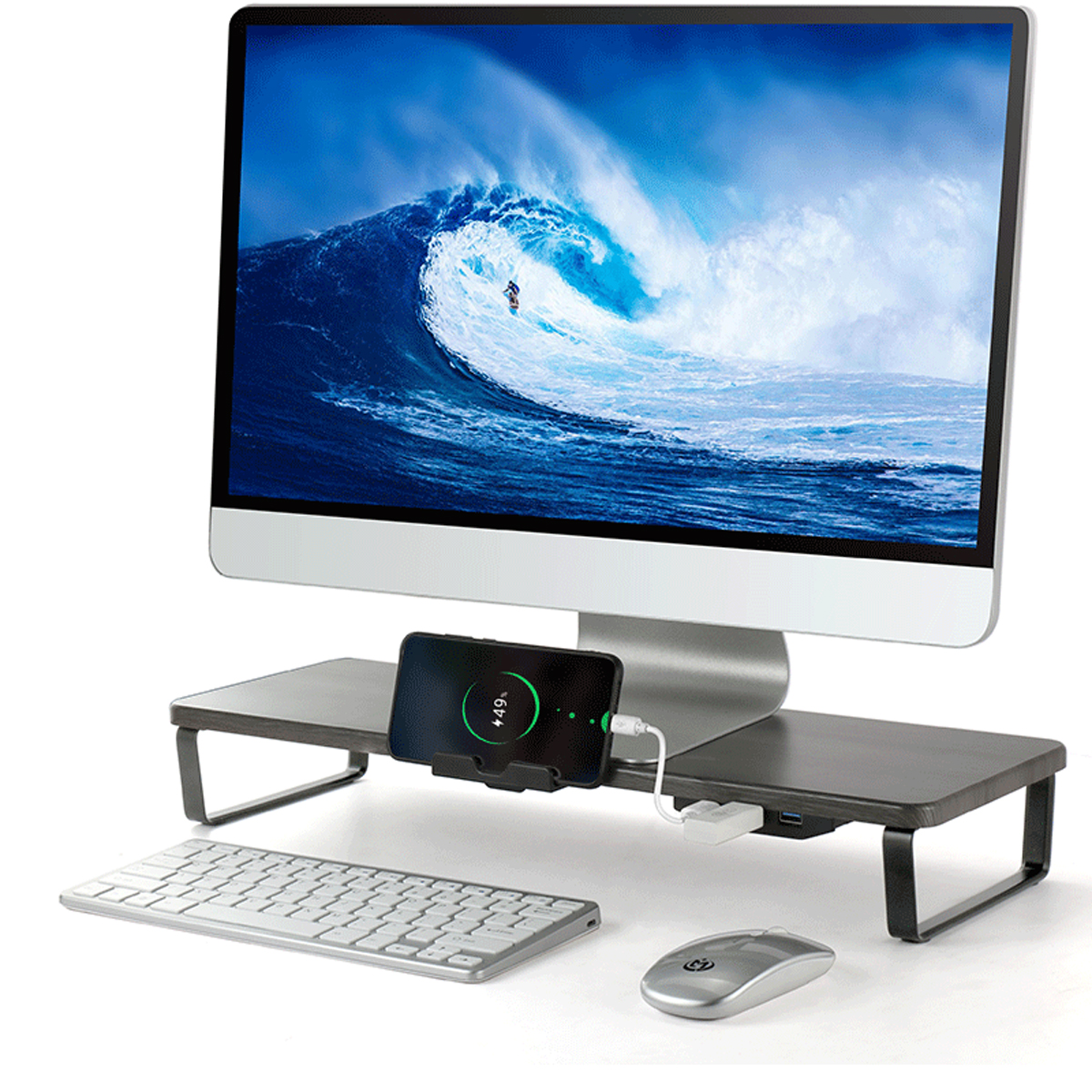 Multifunctional Mackbook Desktop Stand Monitor Riser with 2*USB2.0 + USB3.0 Ports & Mobile Phone Holder