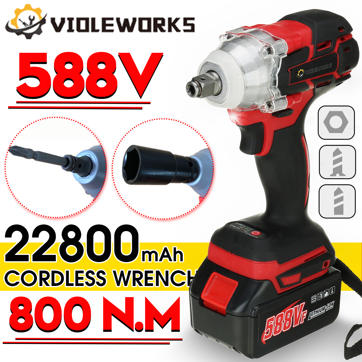 VIOLEWORKS 588VF 2 in 1 Electric Cordless Brushless Impact Wrench Driver Socket Screwdriver