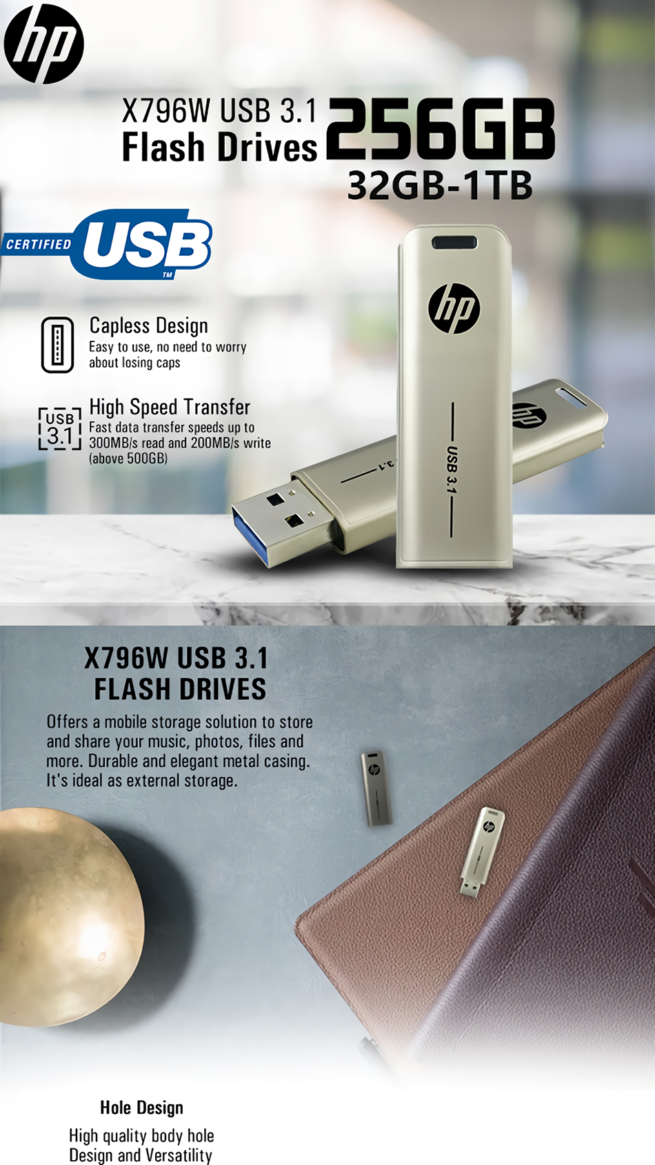 HP USB3.1 Flash Drive Push-pull Pendrive Max 300MB/s 512G 256G 128G 64GB for Laptop PC Media player Cellphone X796W