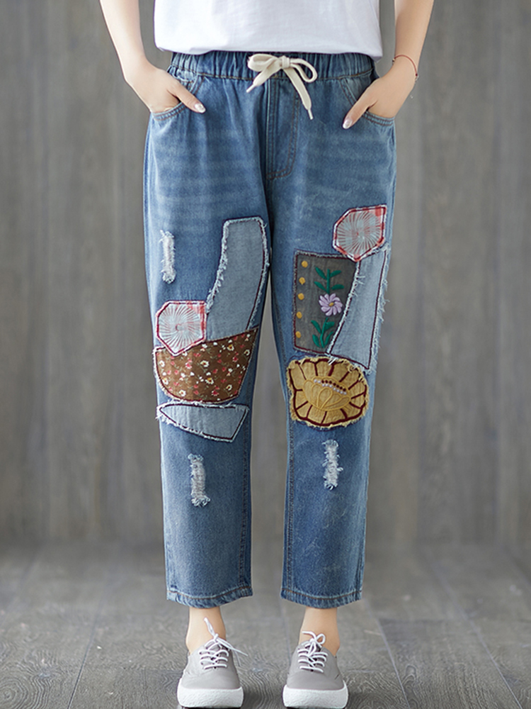 

Женское Повседневная пэчворк с эластичной талией Джинсовая ткань Джинсы с карманом
