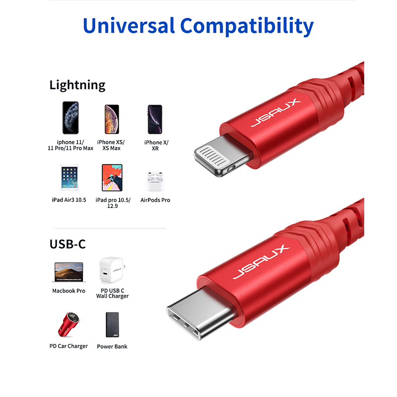 JSAUX Nylon MFI USB-C to PD Type-C to for Lightning Fast Charging Sync Data Cable for iPhone 12/ 12 Mini/ 12 Pro Max/ 11 Pro 11 XR X 8