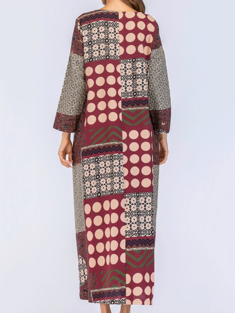 Ethnic Floral Print Patchwork O-neck Long Sleeve Dress