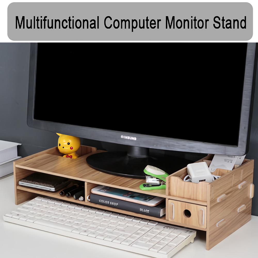 DIY Wooden Computer Monitor Stand Holder Computer Riser Desk Organizer Stand Base with Storage Organizer Drawers