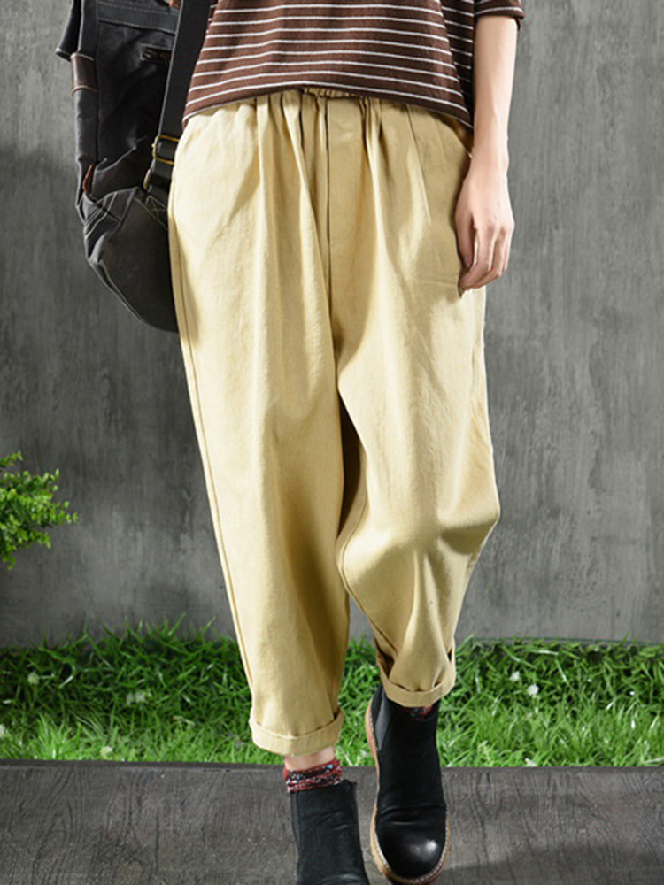 Women Vintage Elastic Waist Pockets Cotton Pants