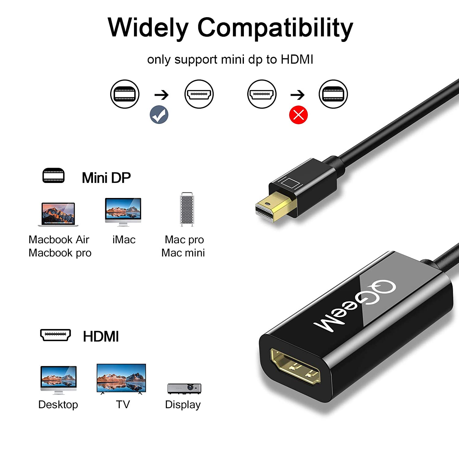 QGeeM Mini Displayport to HD MI Adapter Mini DP to HD-MI Adapter 1080P@60Hz with Gold Plated Compatible with MacBook Pro