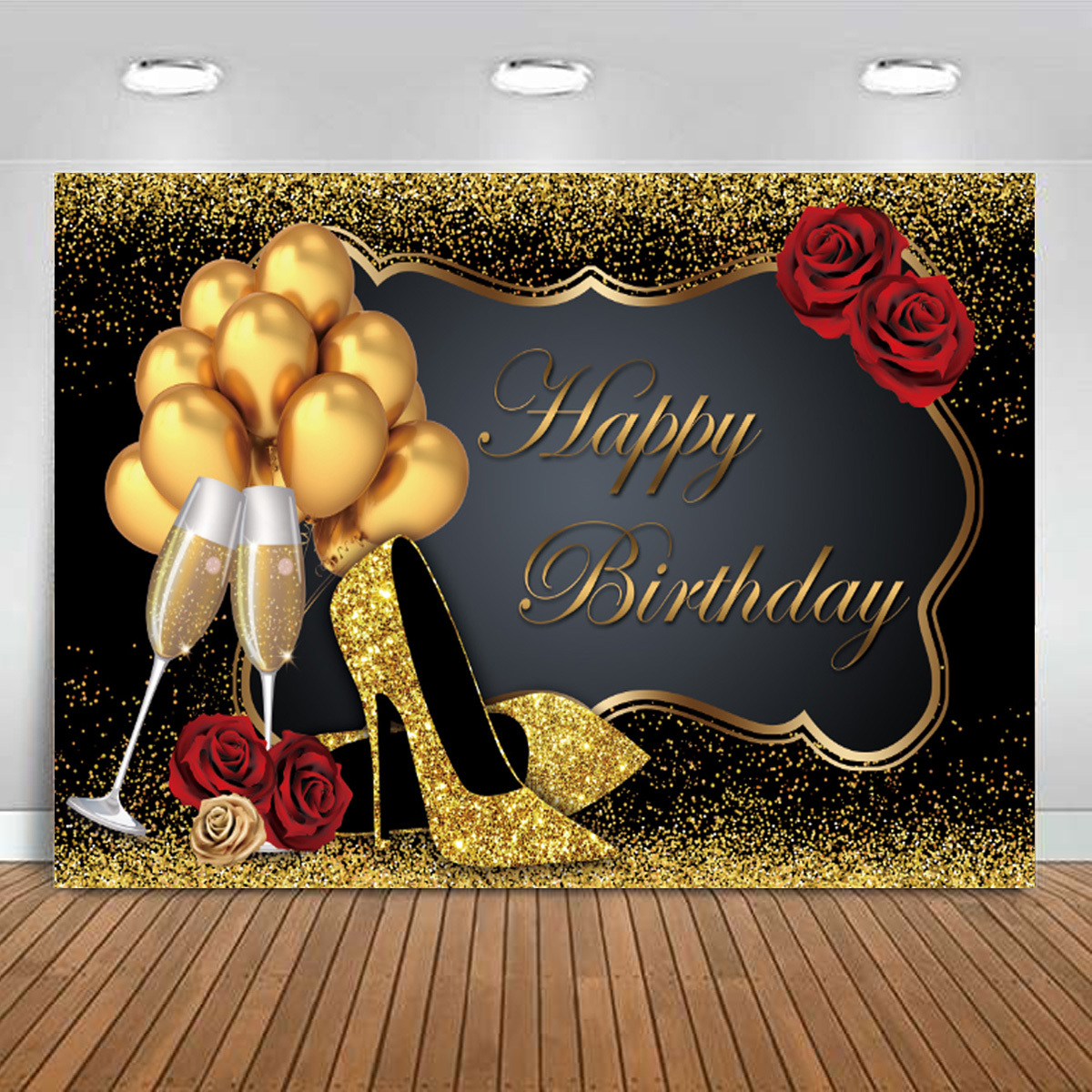 5x3FT 7x5FT 9x6FT High Heel Glass Golden Balloon Birthday Theme Photography Backdrop Background Studio P