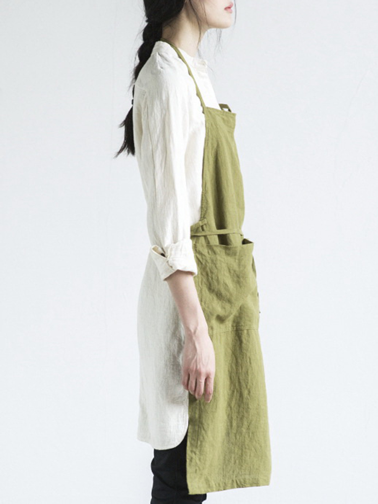 Vintage Sleeveless Big Pockets Japanese Style Linen Cotton Apron Dress